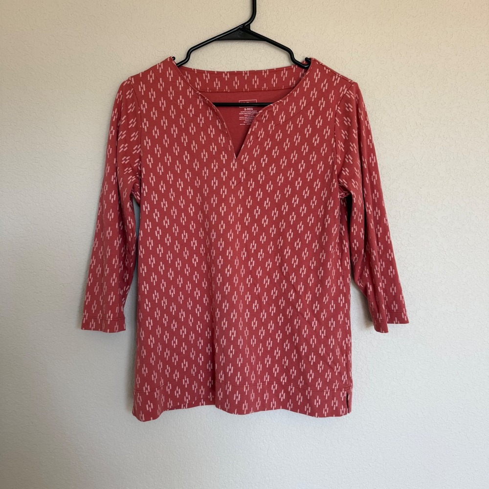 LL Bean Supima Cotton Split Neck Top Red Geometric Print 3/4 Sleeve Small Casual